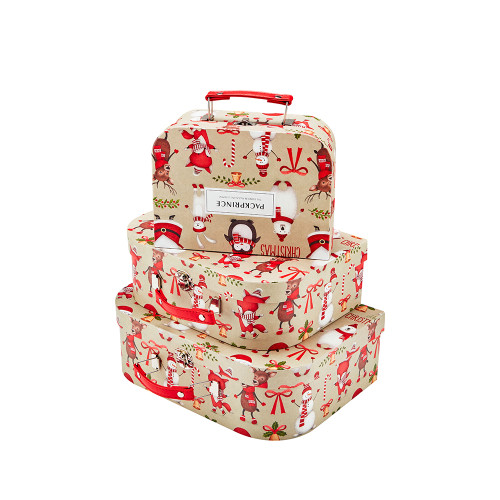 Custom Christmas Gift Box | Rigid Cardboard Suitcase Packaging Box with Handle | CMYK Printing Design with Matte Lamination