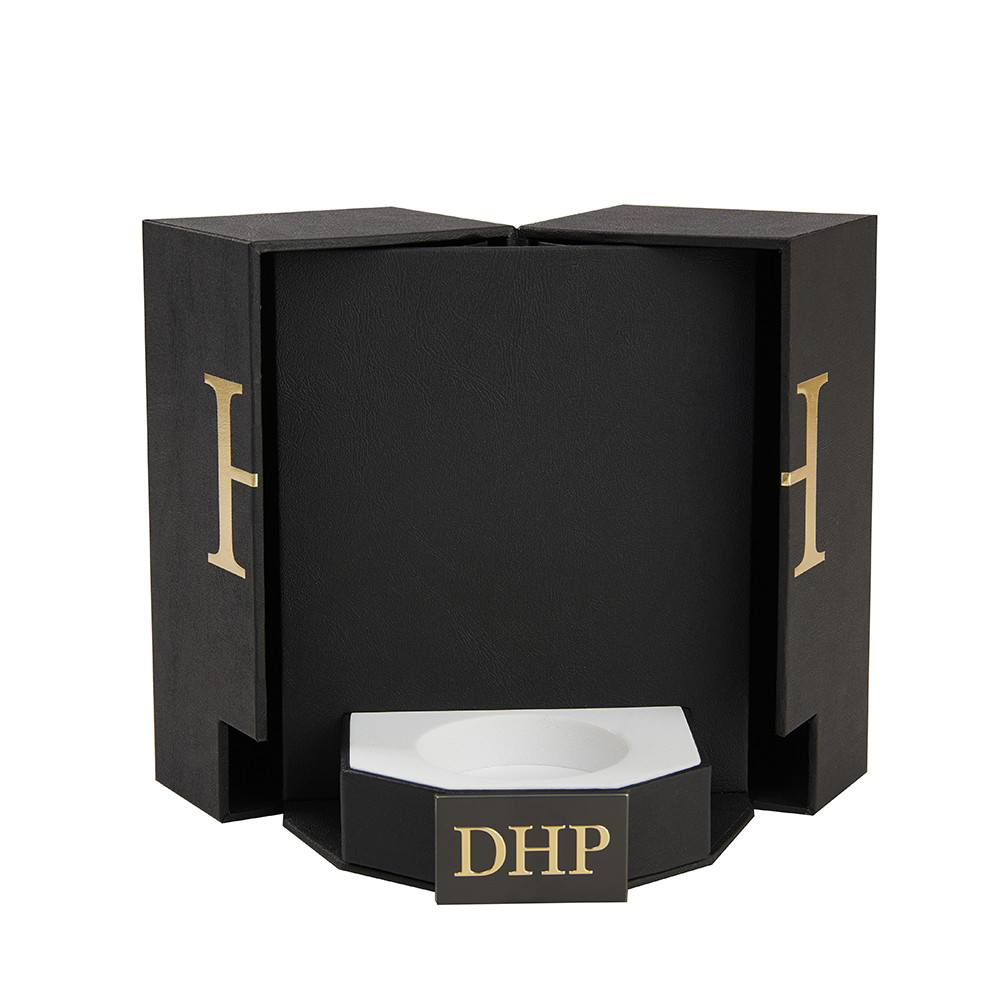 Personalized luxury double-door rigid box in black specialty paper with gold foil stamping