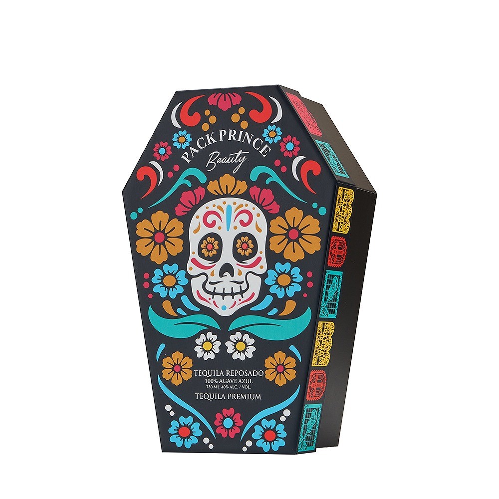 Custom coffin shaped rigid packaging box with Day of the Dead design