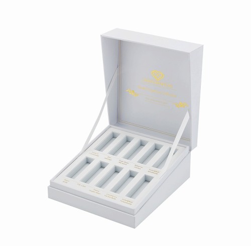 Custom Slant Edge Ribbon Hinged Rigid Box with Printed EVA Insert