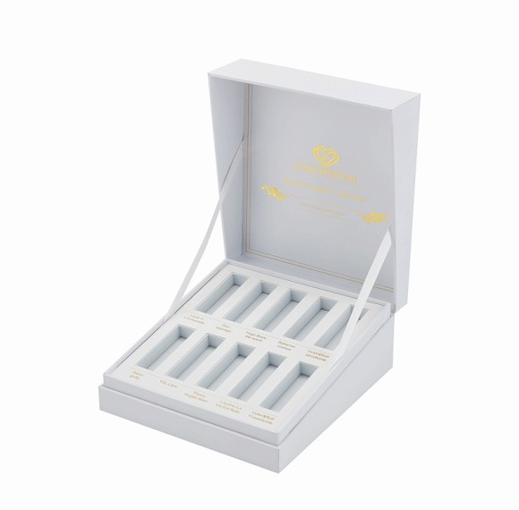 Custom Slant Edge Ribbon Hinged Rigid Box with Printed EVA Insert