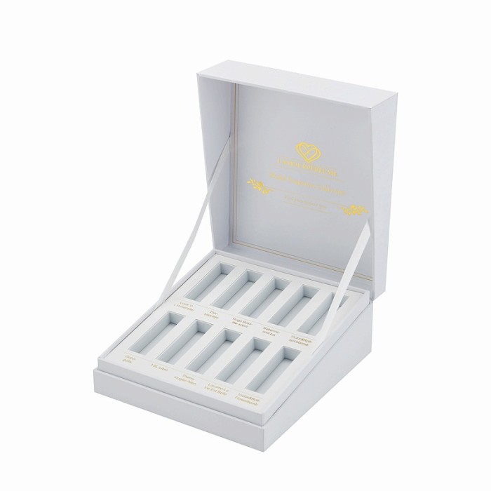 Custom Slant Edge Ribbon Hinged Rigid Box with Printed EVA Insert