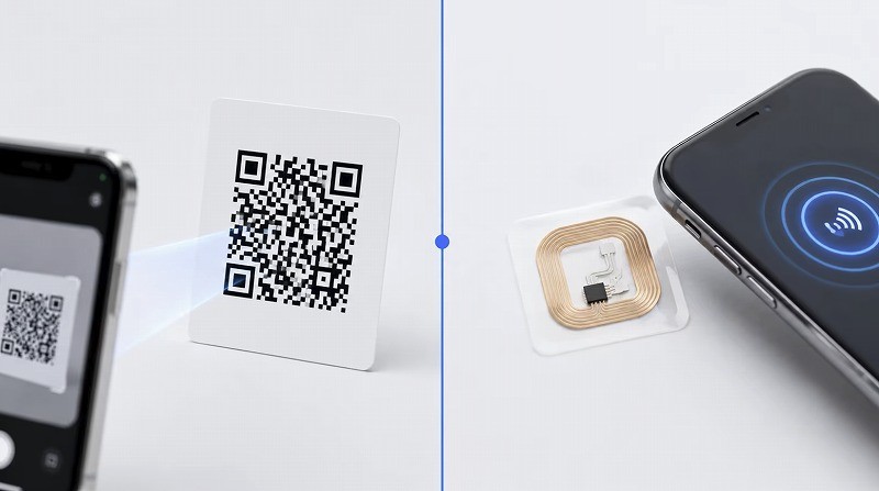 smartphone scanning a QR code and tapping an NFC tag
