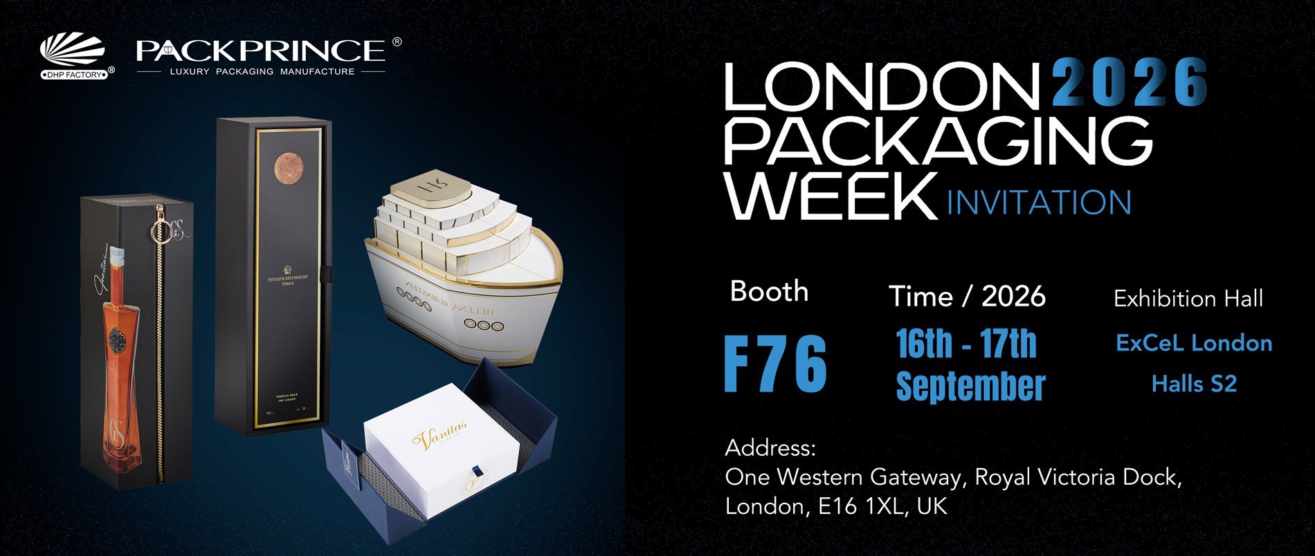 DHP Boxes invitation poster for London Packaging Week 2026 at ExCeL London, Halls S2, booth F76