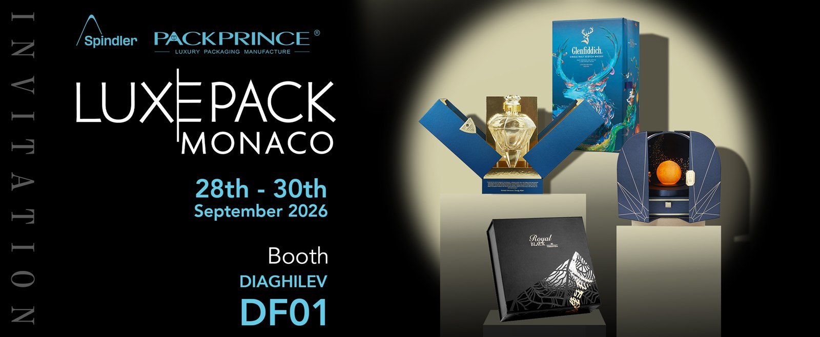 DHP Boxes exhibition poster for Luxe Pack Monaco 2026, booth DIAGHILEV DF01, 28-30 September