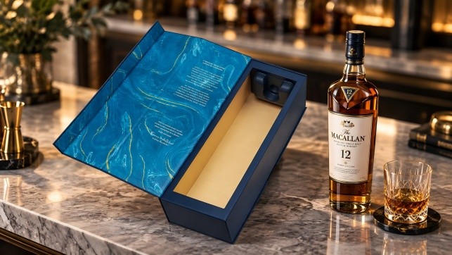 Premium whisky bottle displayed inside custom magnetic rigid gift box