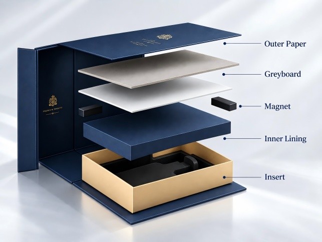 Magnetic closure rigid whisky box structure showing greyboard magnet lining and insert