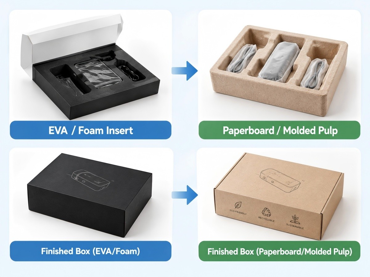 Paper based packaging inserts including paperboard and molded pulp