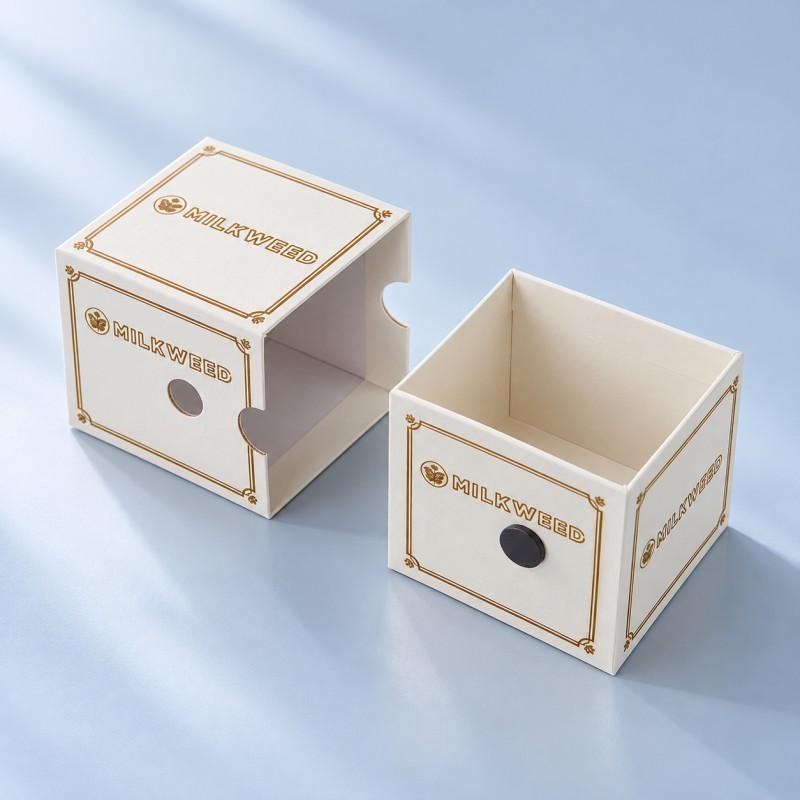 Minimal rigid drawer box with finger notch opening