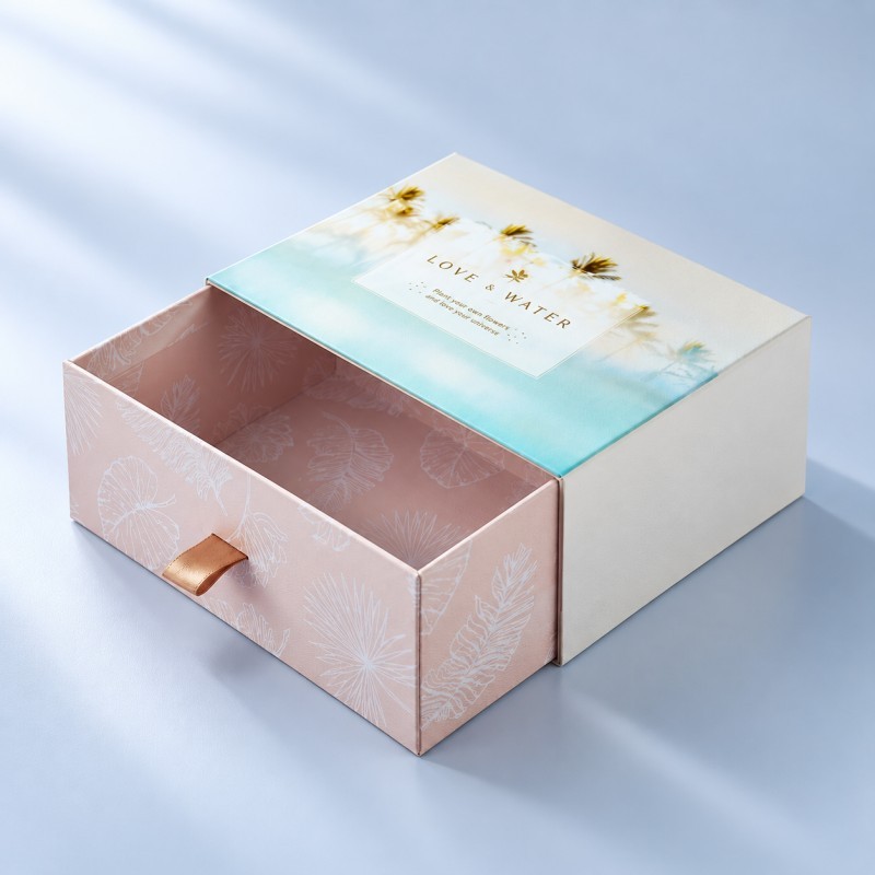 Luxury rigid drawer box with custom ribbon pull