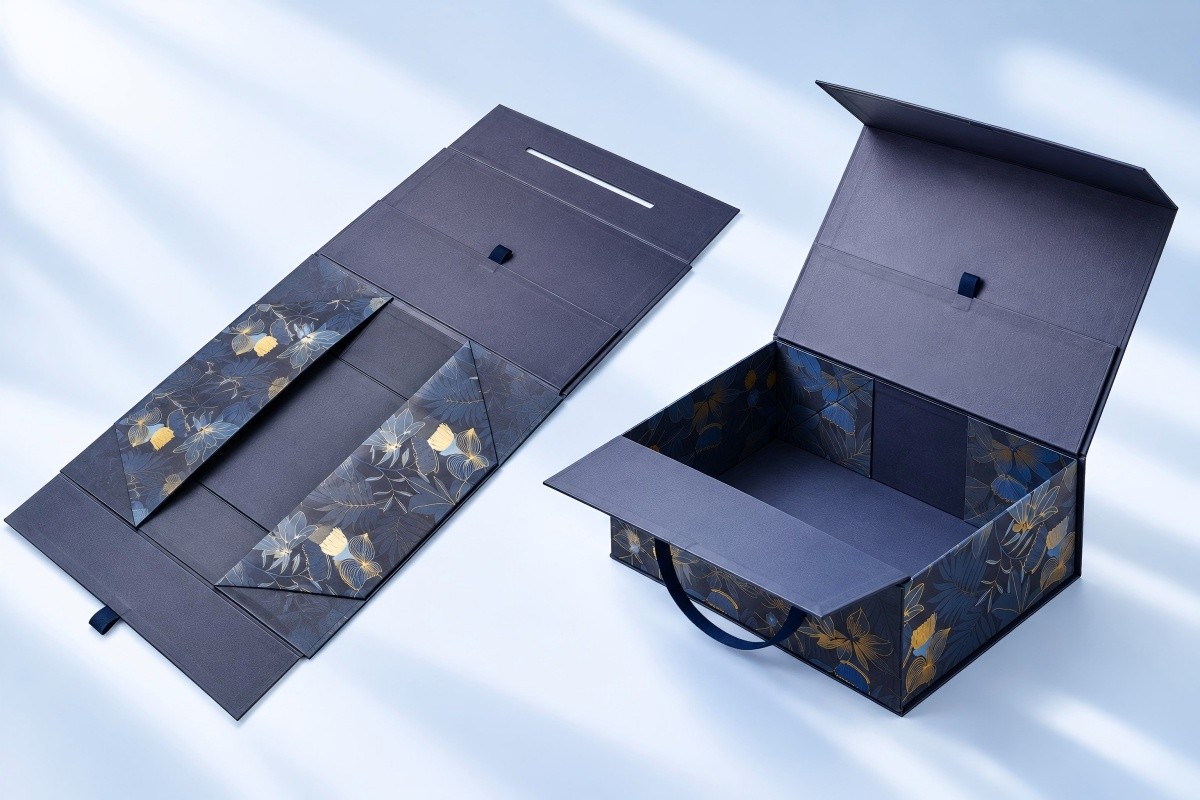 Custom folding rigid box shown flat and fully assembled