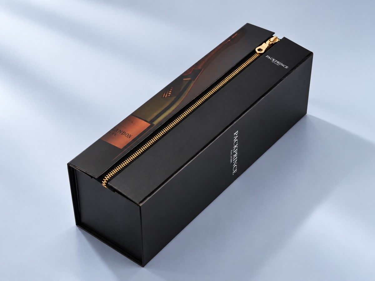 Folding rigid gift box shown fully assembled
