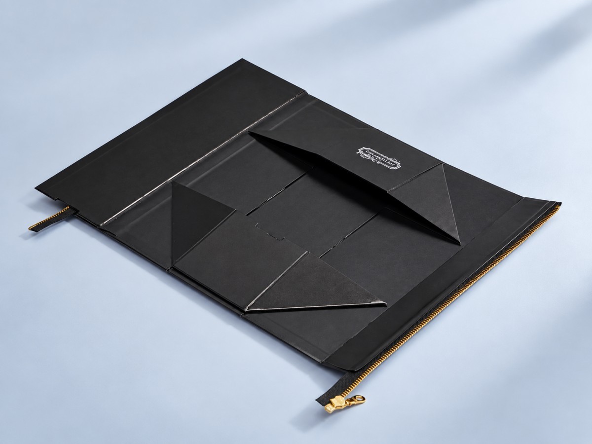 Folding rigid gift box shown in flat collapsed form