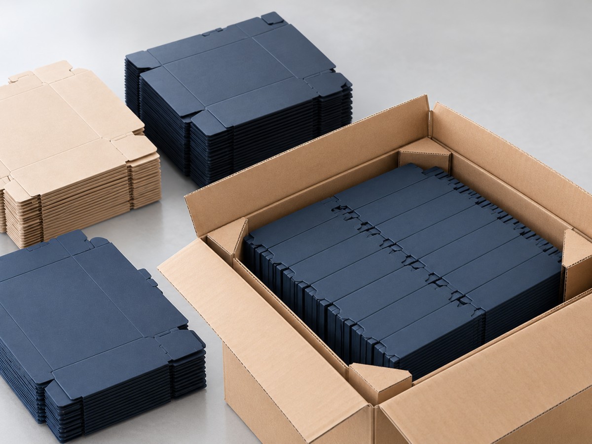 Flat packed folding rigid boxes prepared for storage and shipping