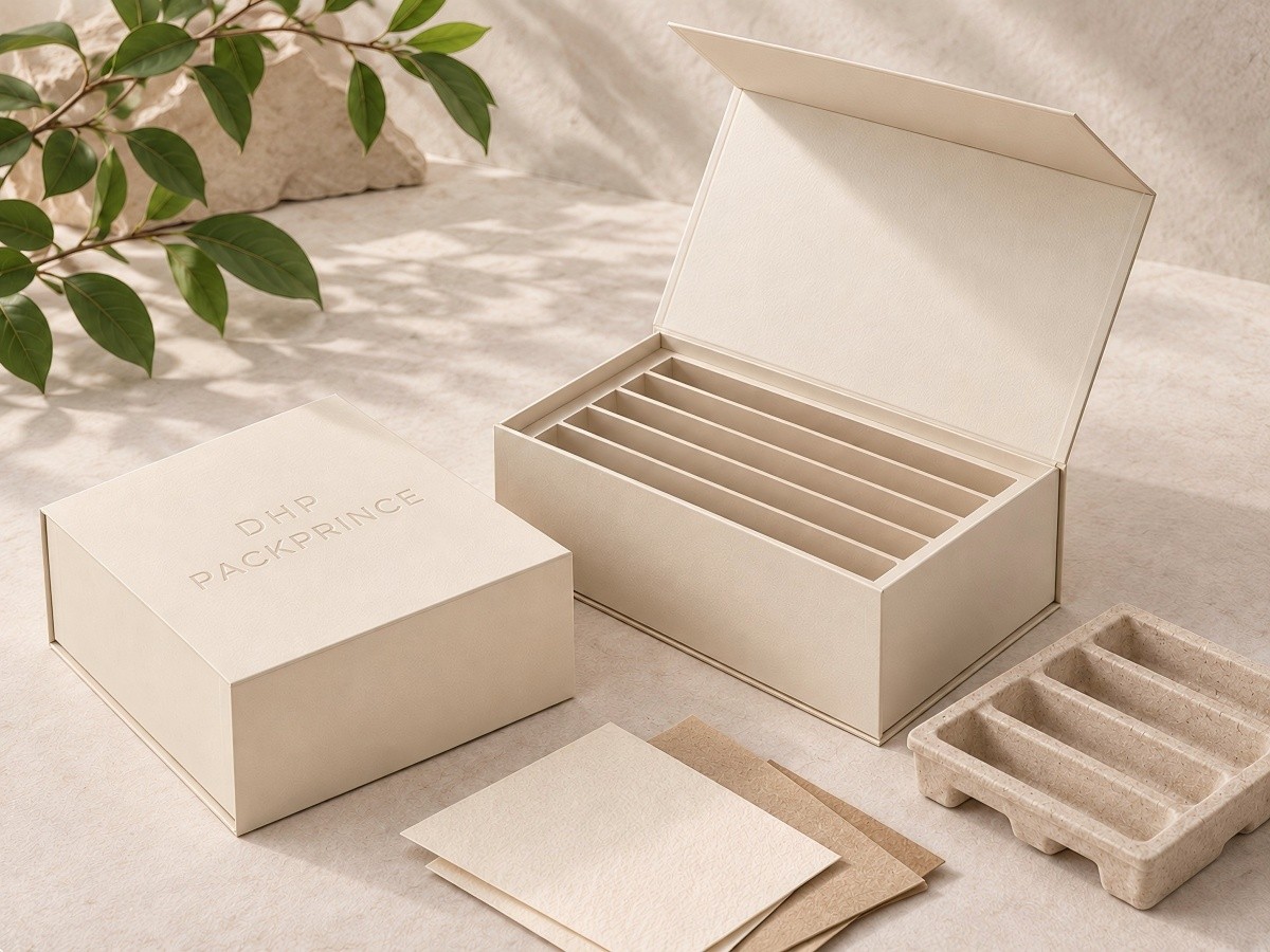 Magnetic rigid packaging with paper based insert and responsibly sourced paper options