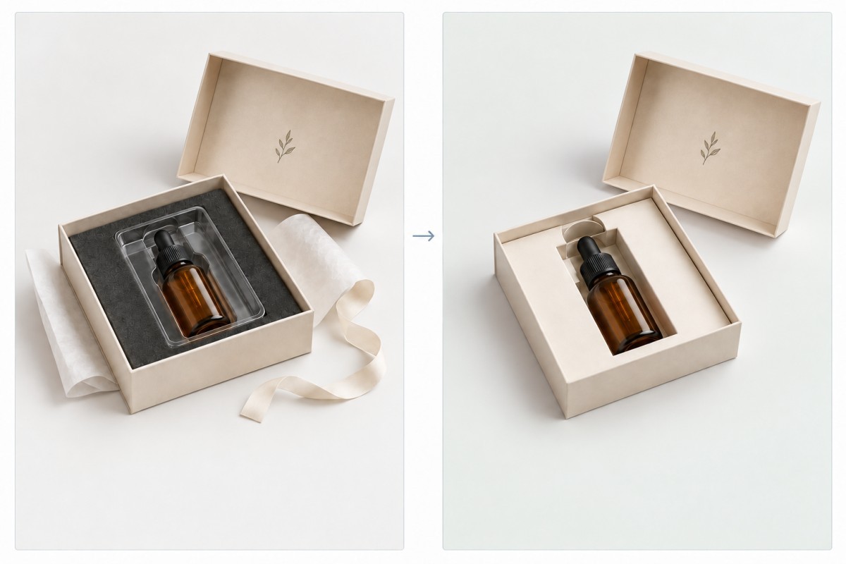 Comparison between over packaged product box and optimized right sized sustainable packaging