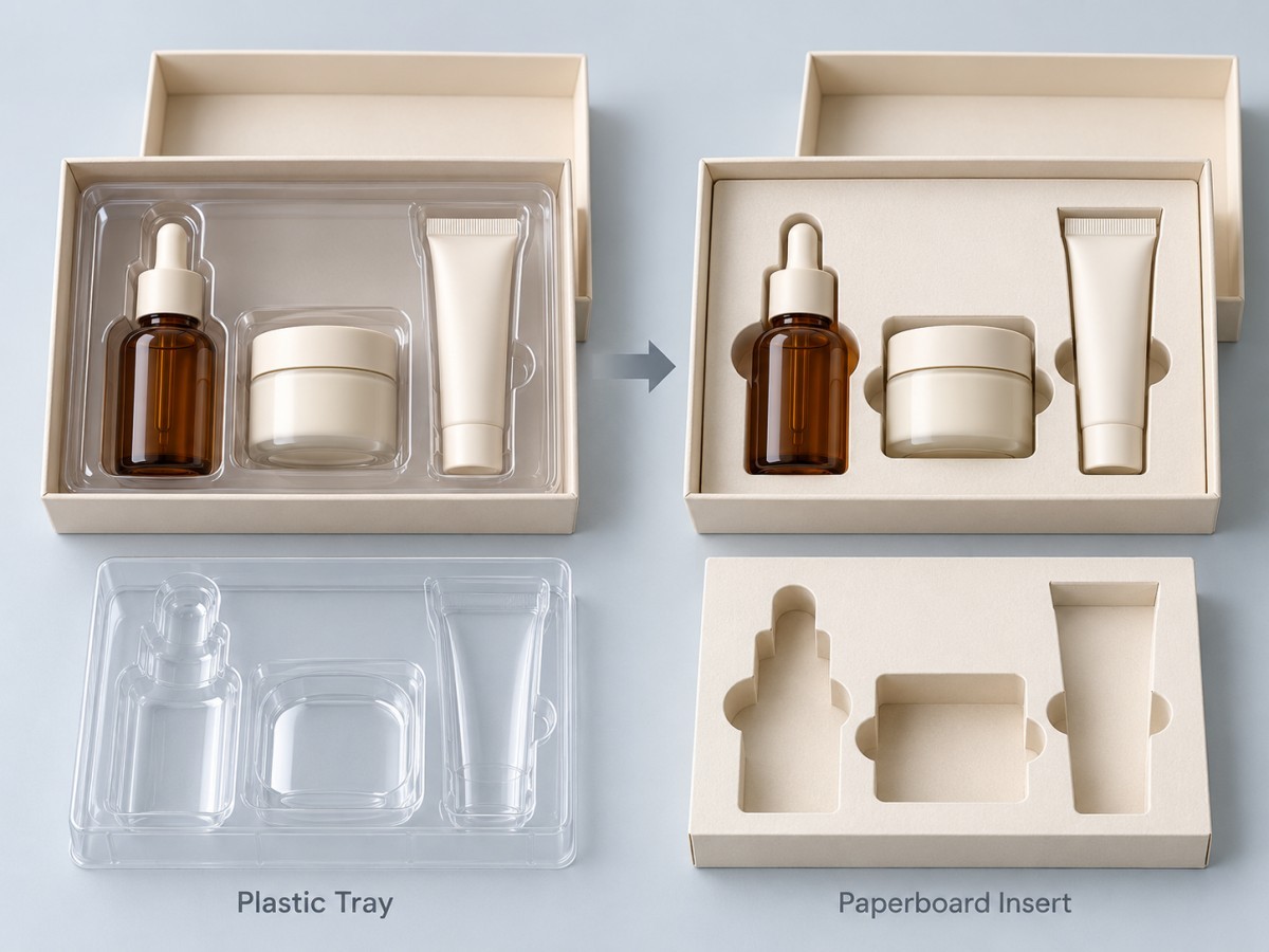 Beauty packaging redesigned with paperboard insert instead of plastic tray