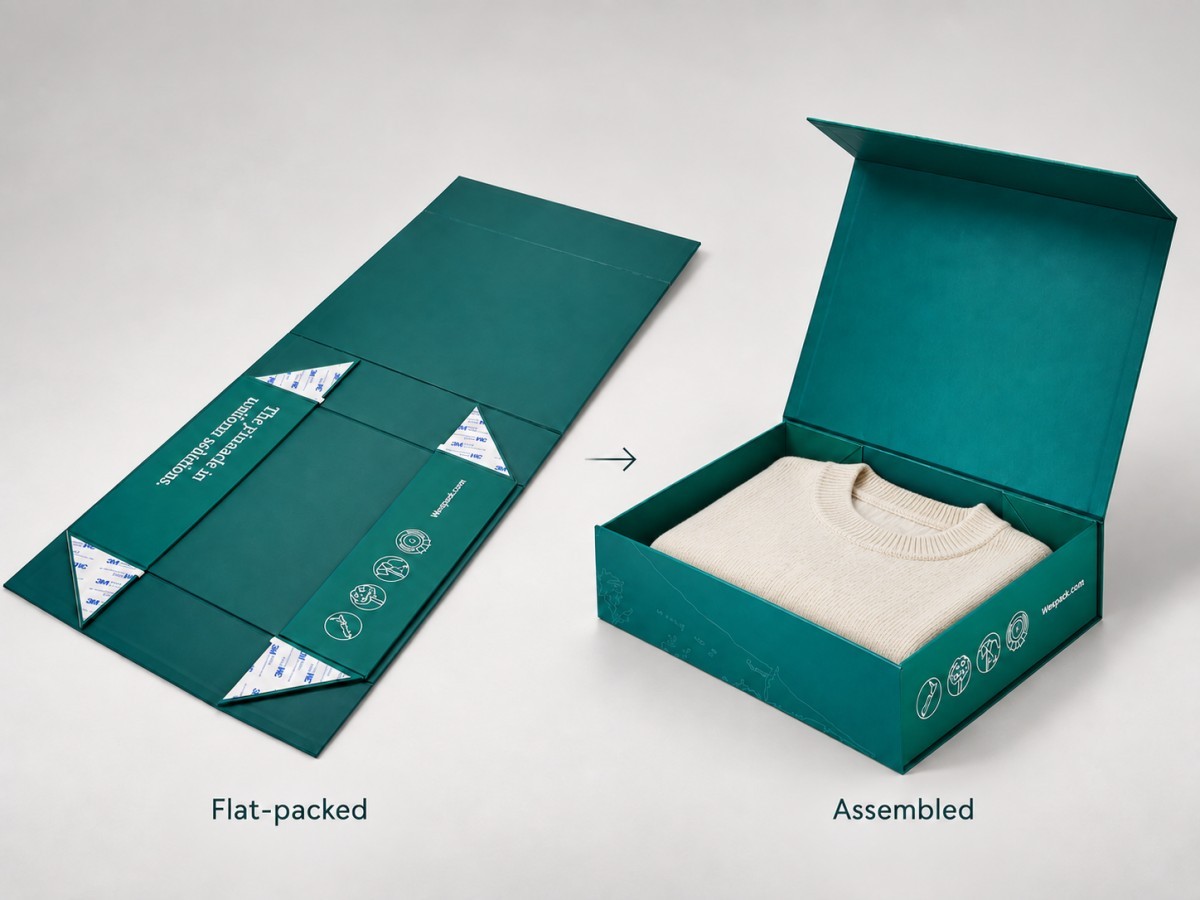 Large folding rigid apparel box designed to remain flat before assembly