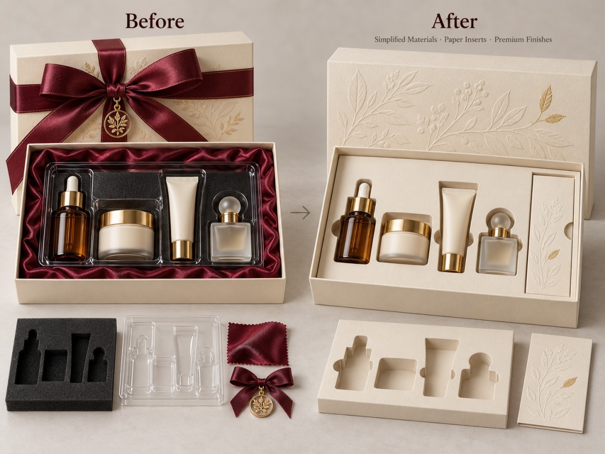 Premium gift packaging simplified with paper based internal components