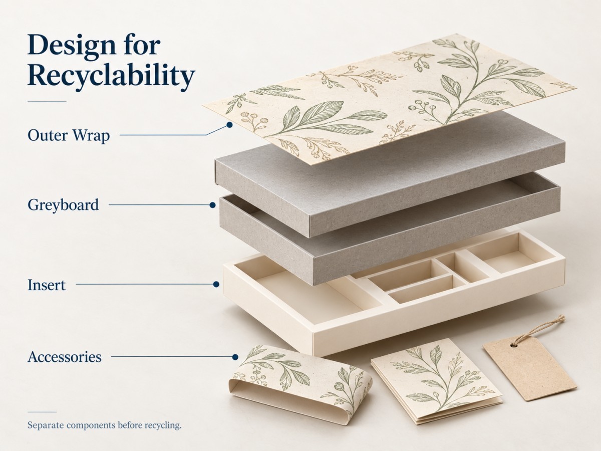 Exploded sustainable packaging structure showing paper wrap greyboard paper insert and accessories
