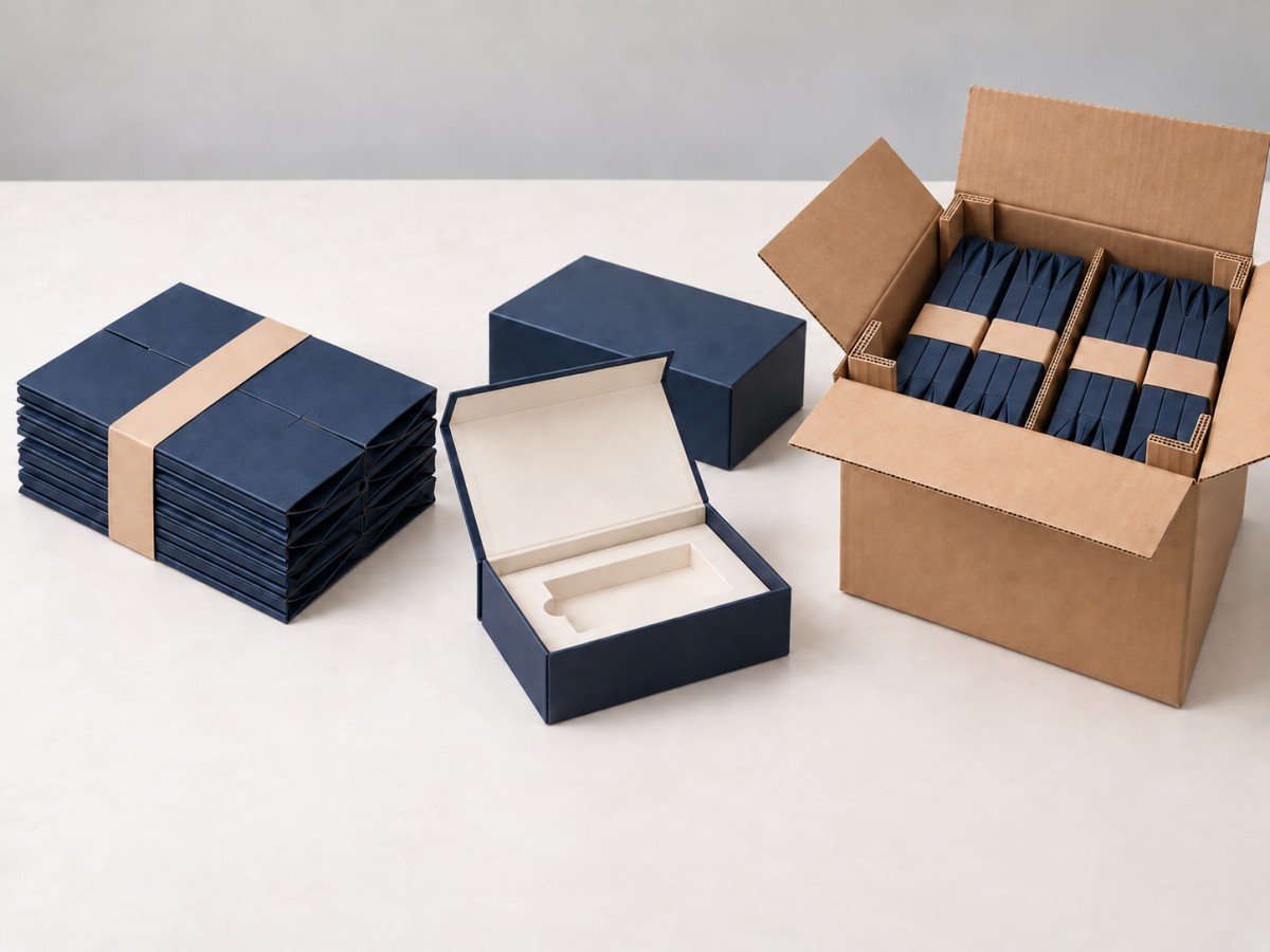 Right sized and flat packed custom packaging prepared for efficient storage and shipping