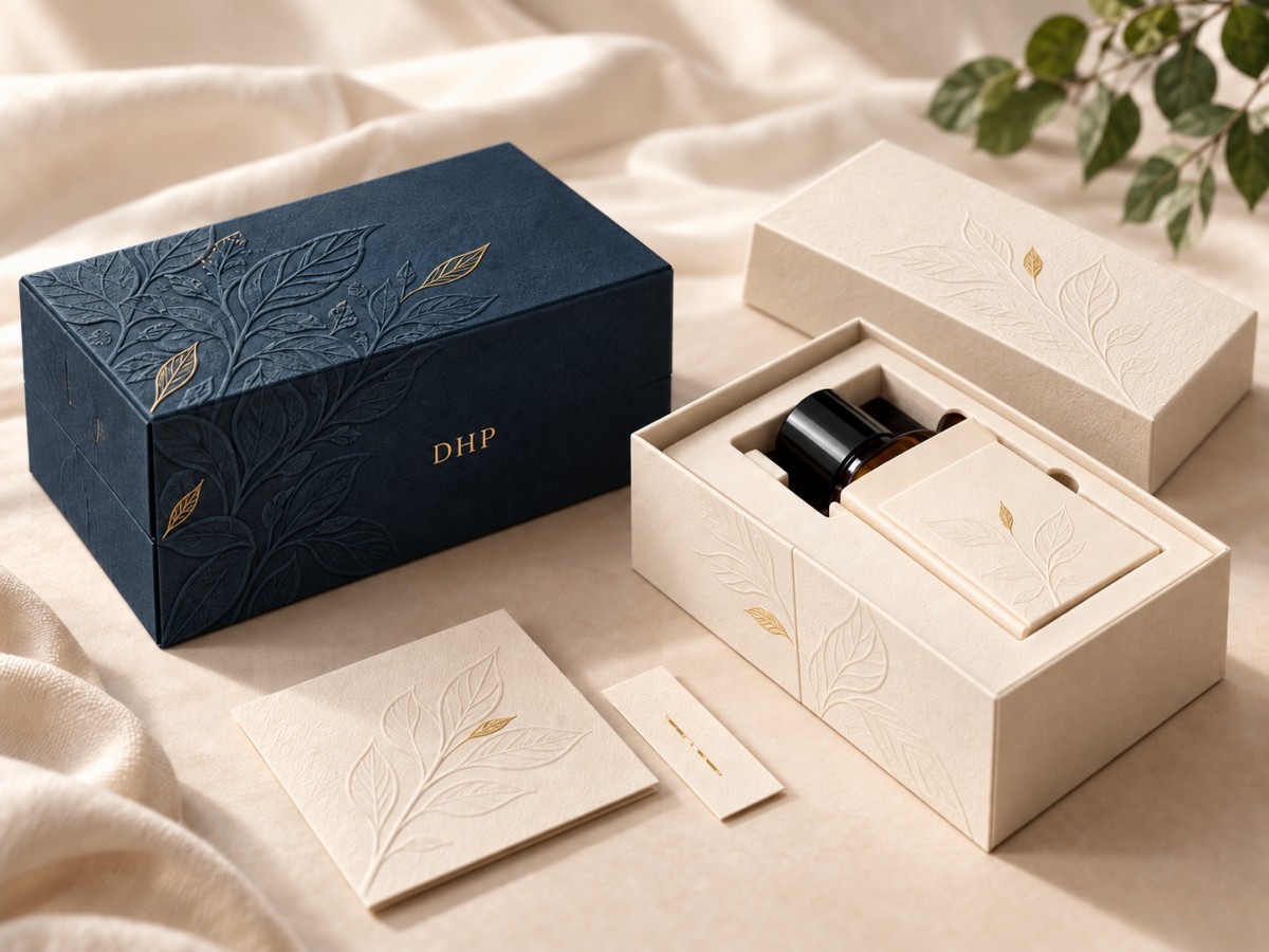 Premium sustainable luxury packaging with specialty paper foil embossing and minimal design