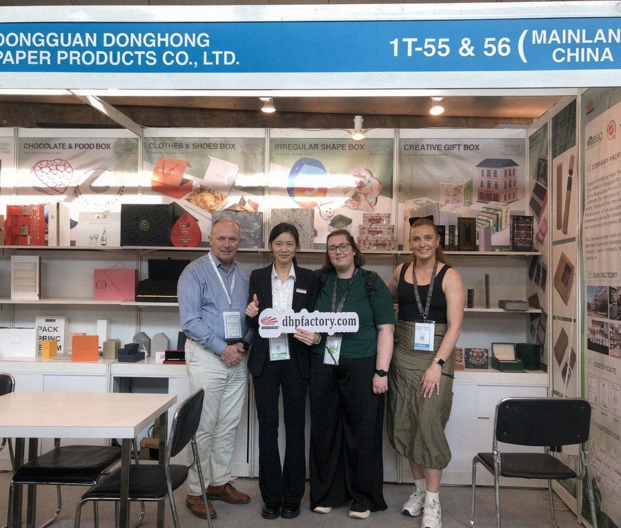 DHP Boxes team and packaging displays at MEGA SHOW Hong Kong 2024, booths 1T55 and 1T56