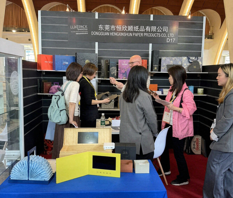 DHP Boxes team and luxury packaging exhibition display at LUXE PACK Shanghai 2025, booth D17