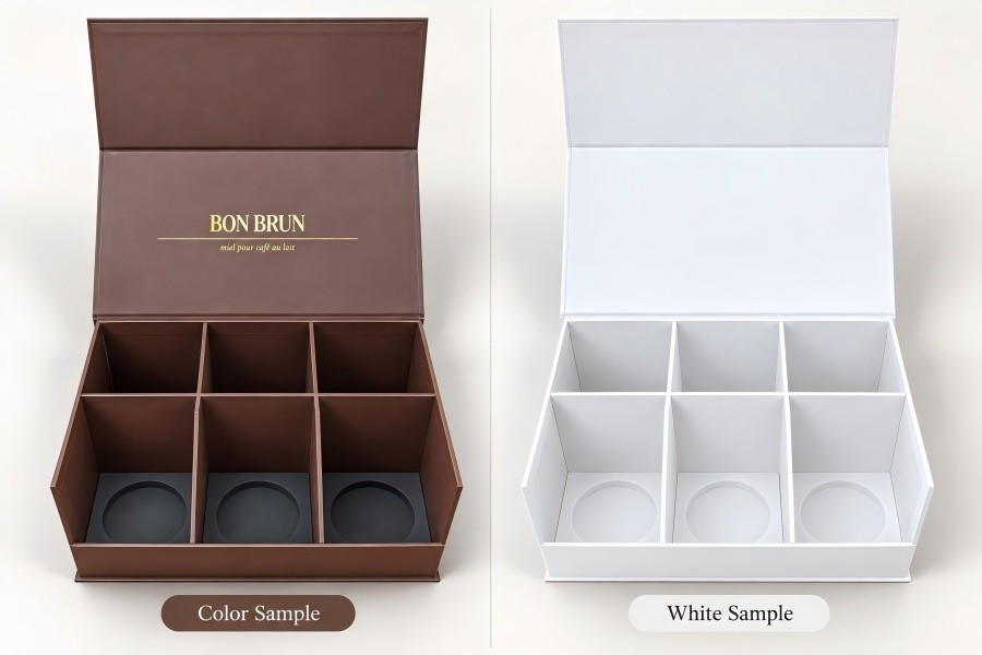 DHP Boxes custom rigid packaging development showing white structural sample and printed box prototype