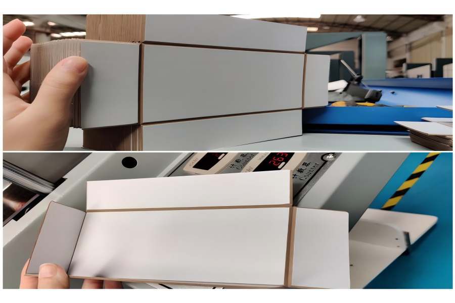 Greyboard cutting and V-grooving process for sharp-edge custom rigid box manufacturing