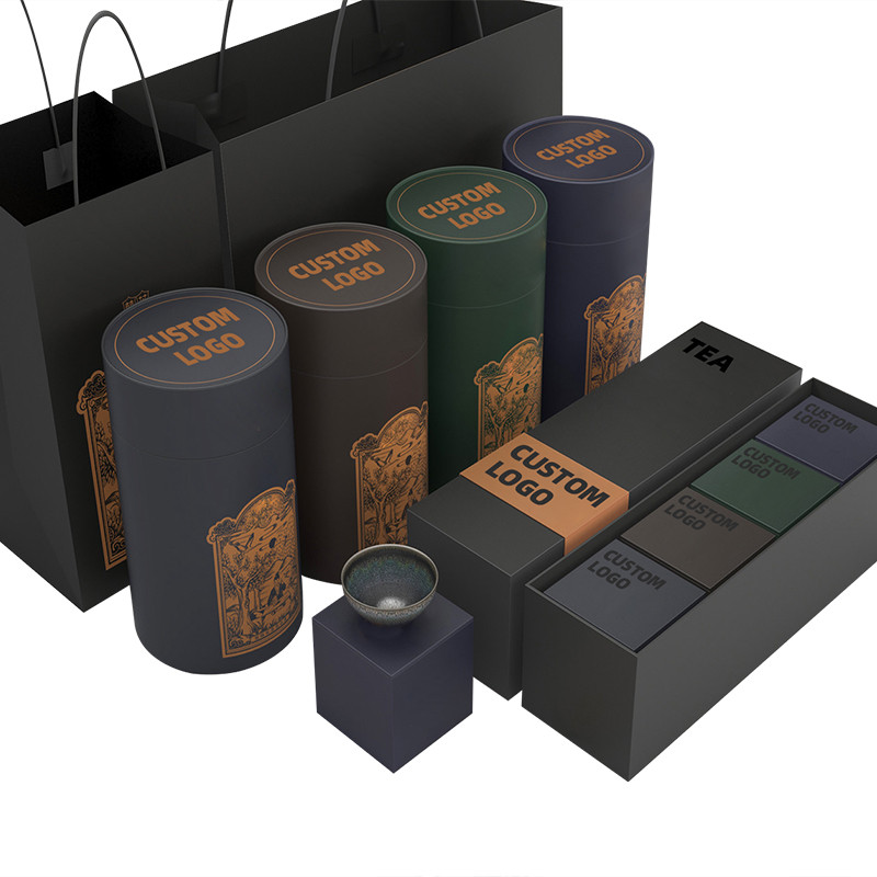 Custom branded cylindrical tea tubes with matching premium tea boxes and carry bag