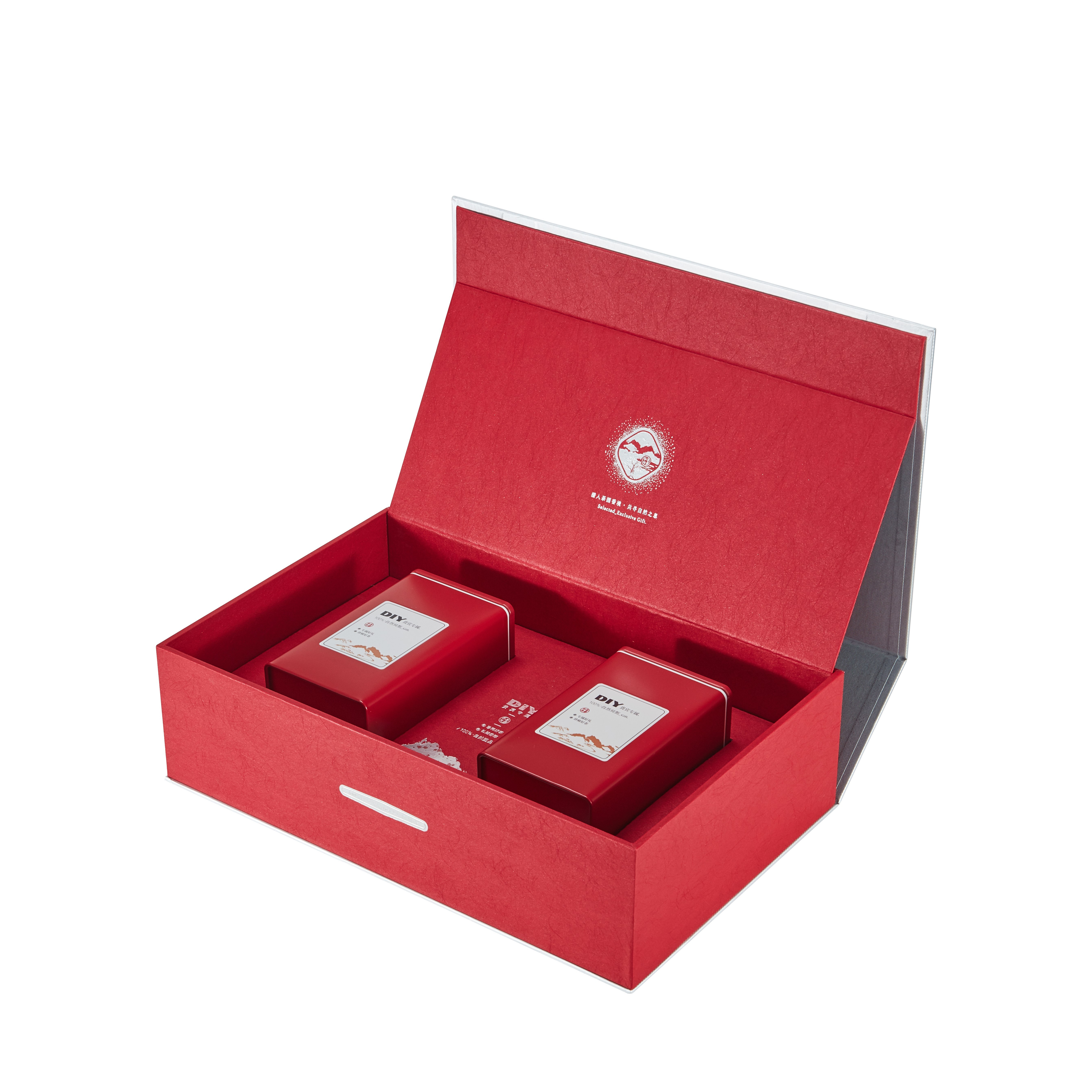 Custom magnetic tea gift box with two-tin paper-wrapped EVA insert