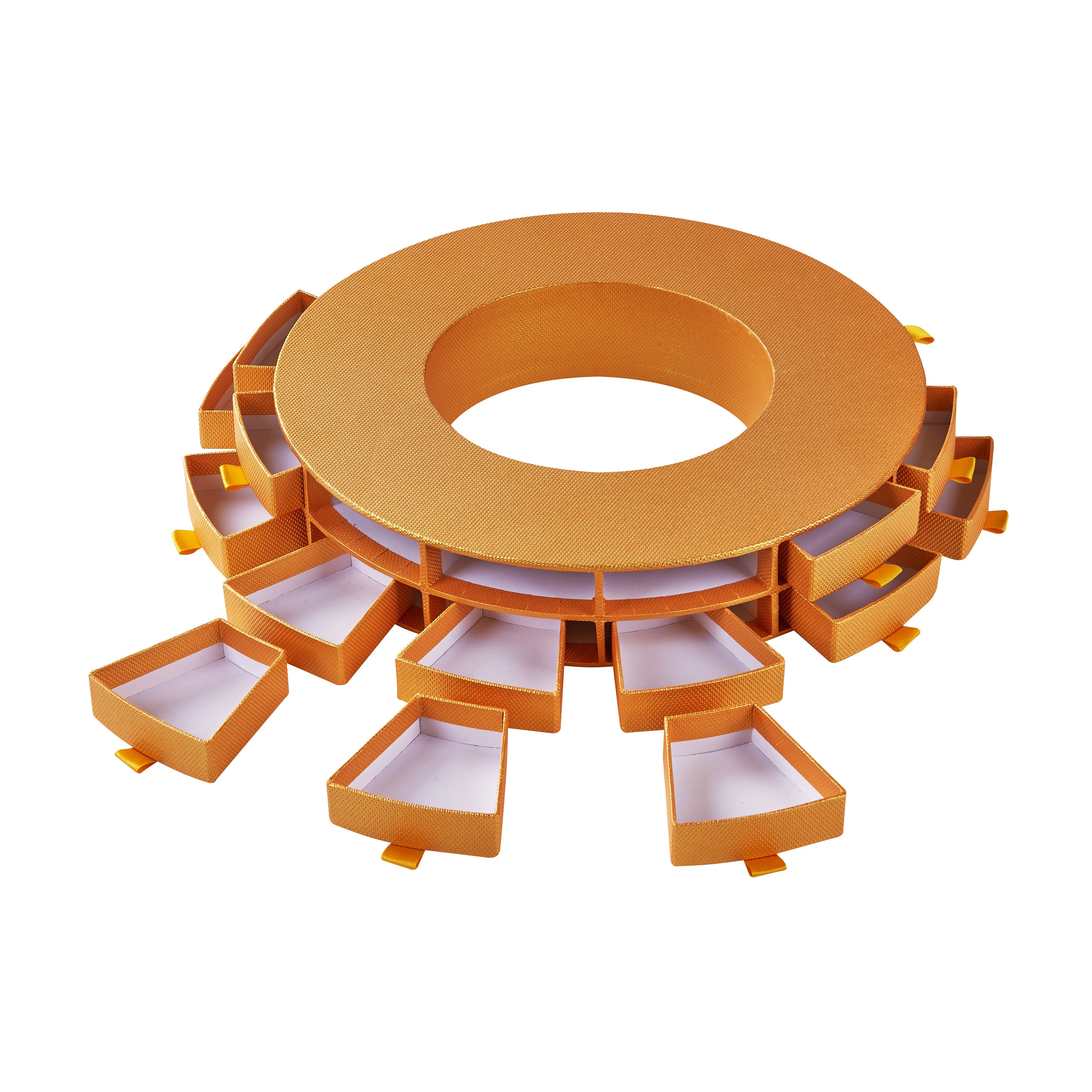 Custom round tea gift box with two tier drawers and gold textured paper