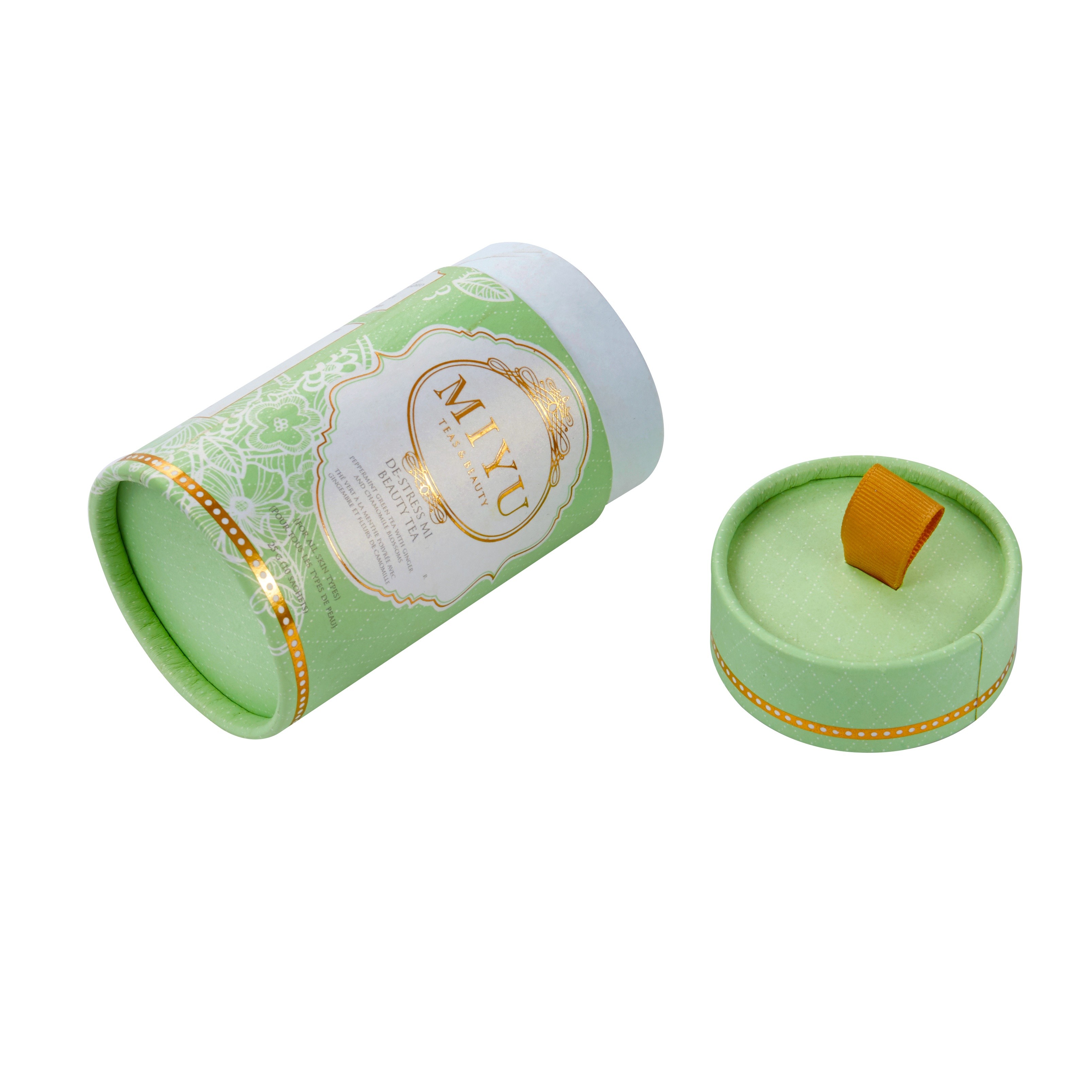 Custom rigid tea tube packaging with removable ribbon pull lid