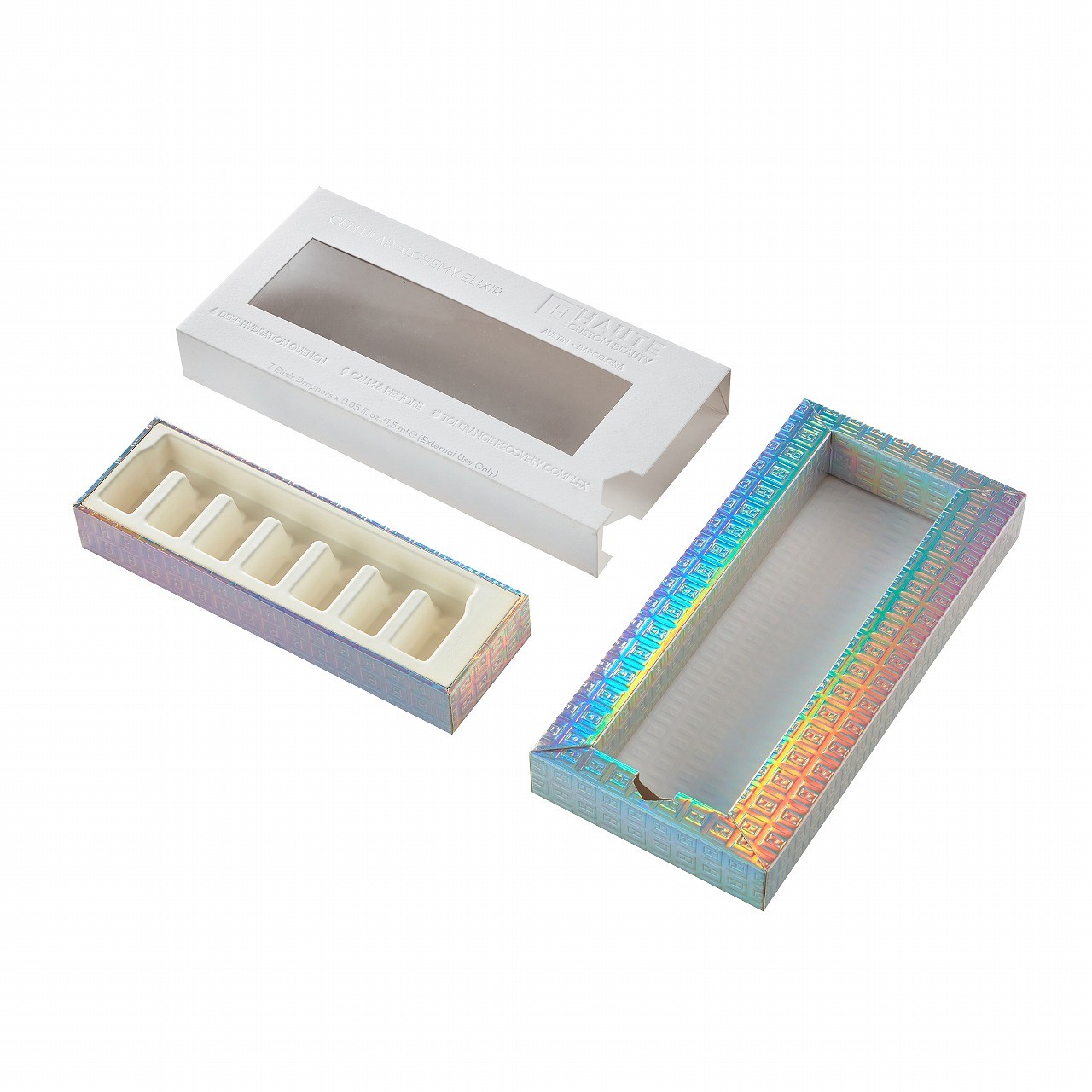 Custom rigid drawer packaging with PET window sleeve and removable EVA insert
