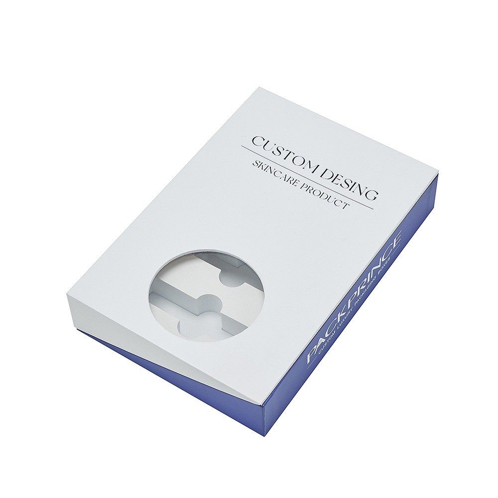 Custom book-style peptide packaging box with circular transparent PET window