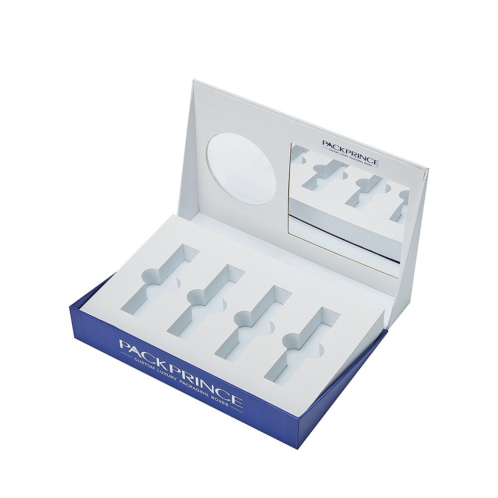 Open peptide packaging box with white EVA foam insert and custom vial compartments