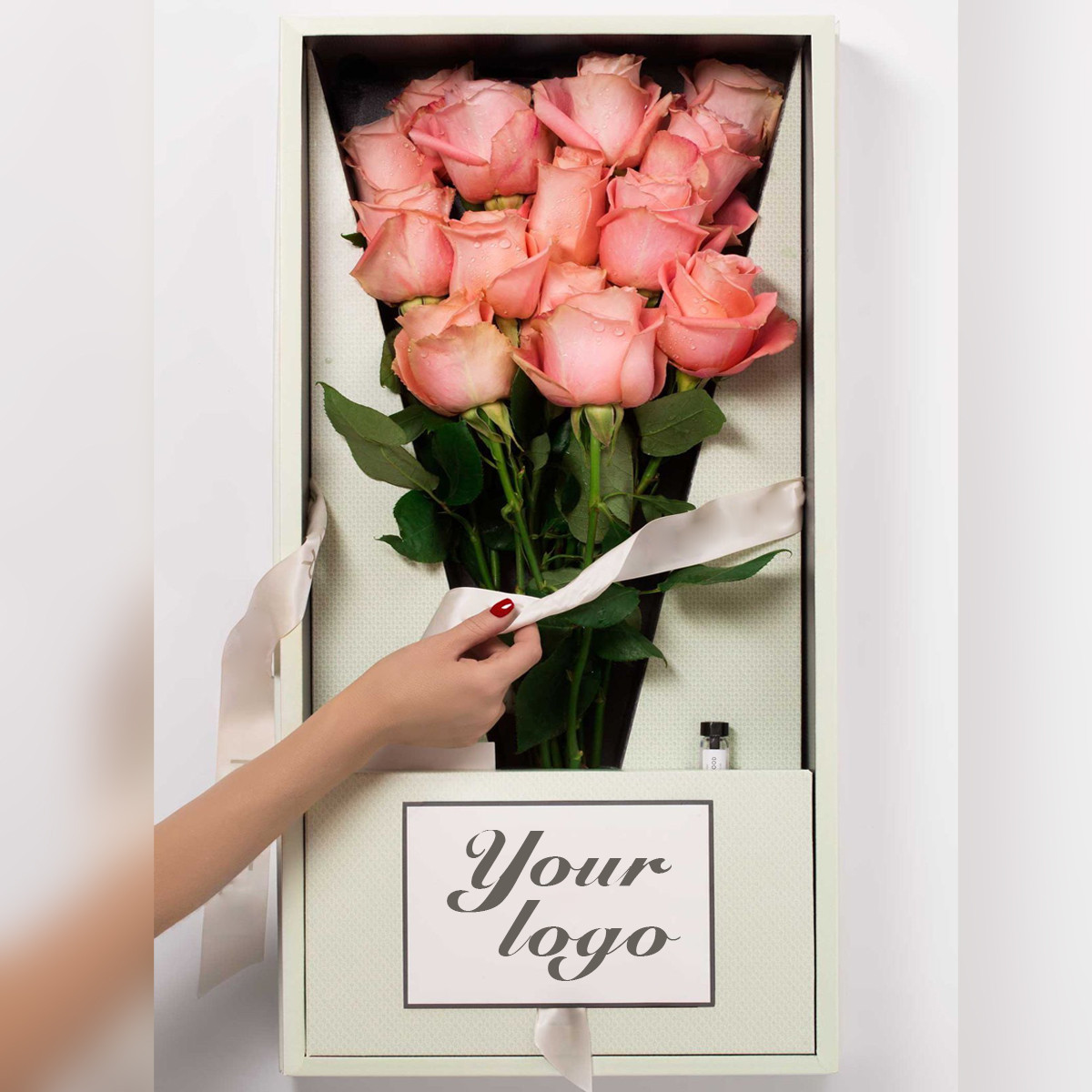 Custom luxury rose gift box with pink roses, ribbon and paperboard compartments