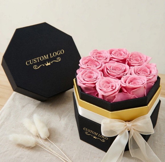 Custom Octagonal Preserved Rose Gift Box with Gold Foil Logo