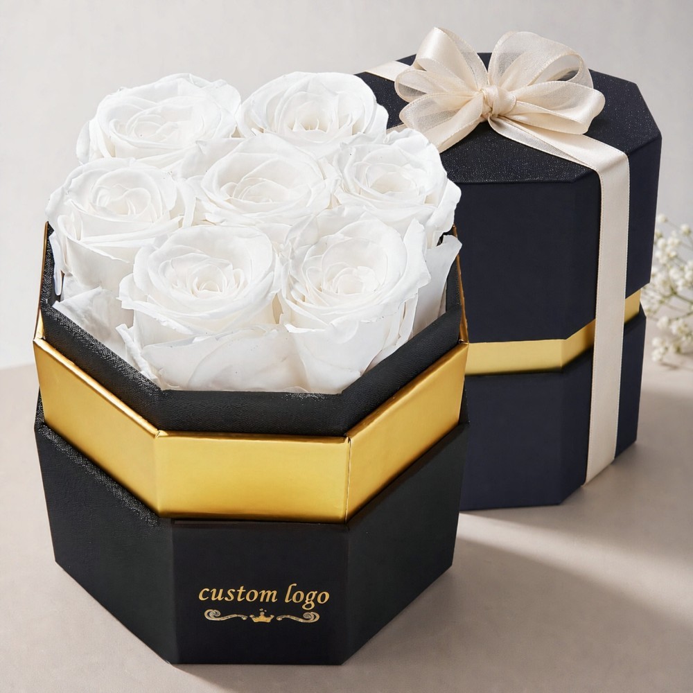 Luxury octagonal preserved rose box with white roses and gold decorative trim