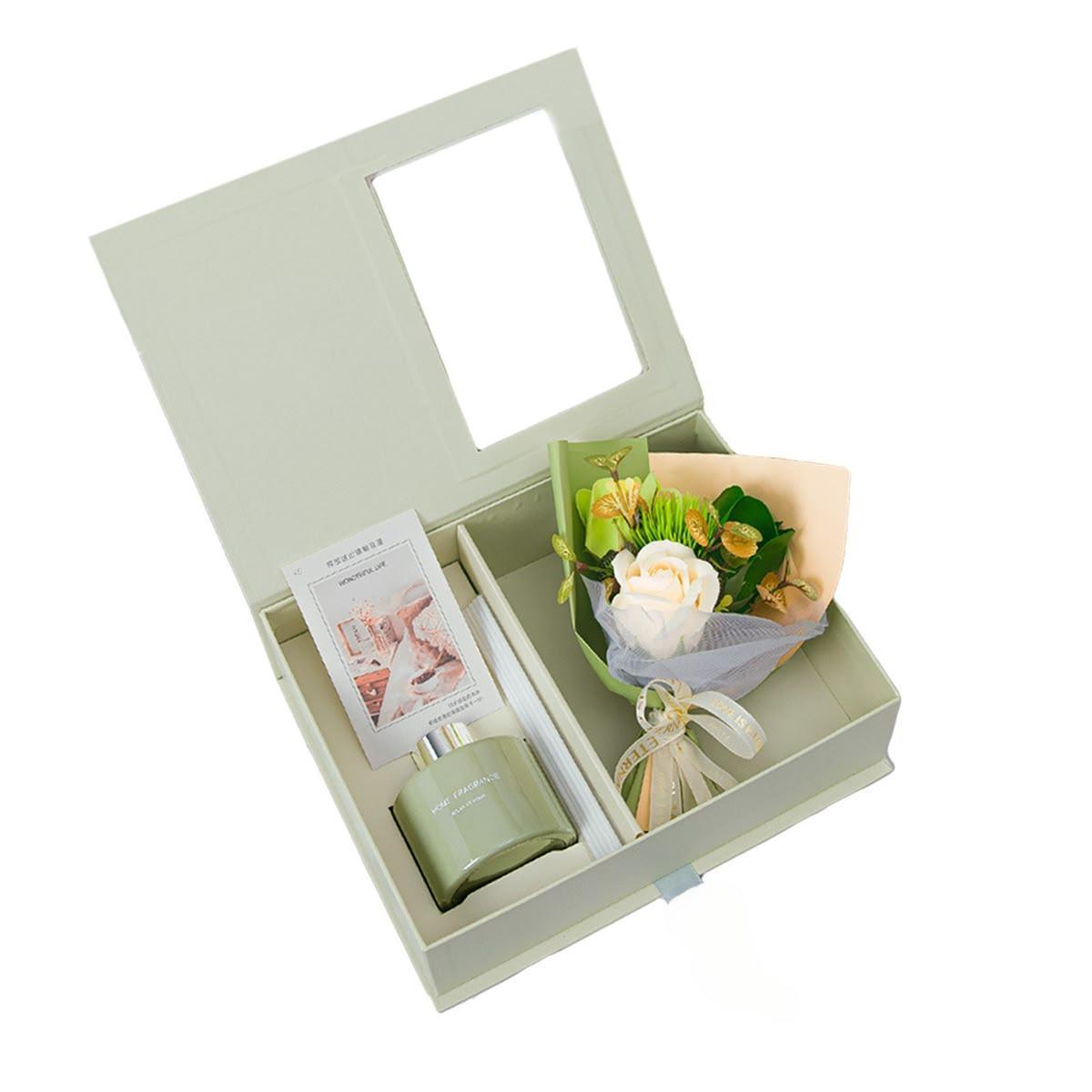 Light green flower gift set box with clear window and custom paperboard dividers