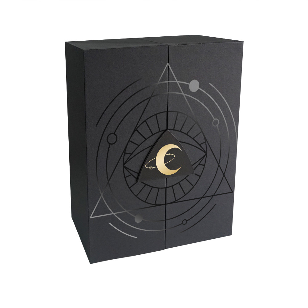 Custom black magnetic double door advent calendar box with celestial artwork