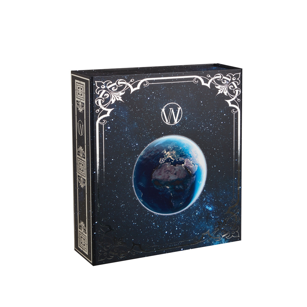 Custom rigid book-style advent calendar gift box with specialty paper exterior