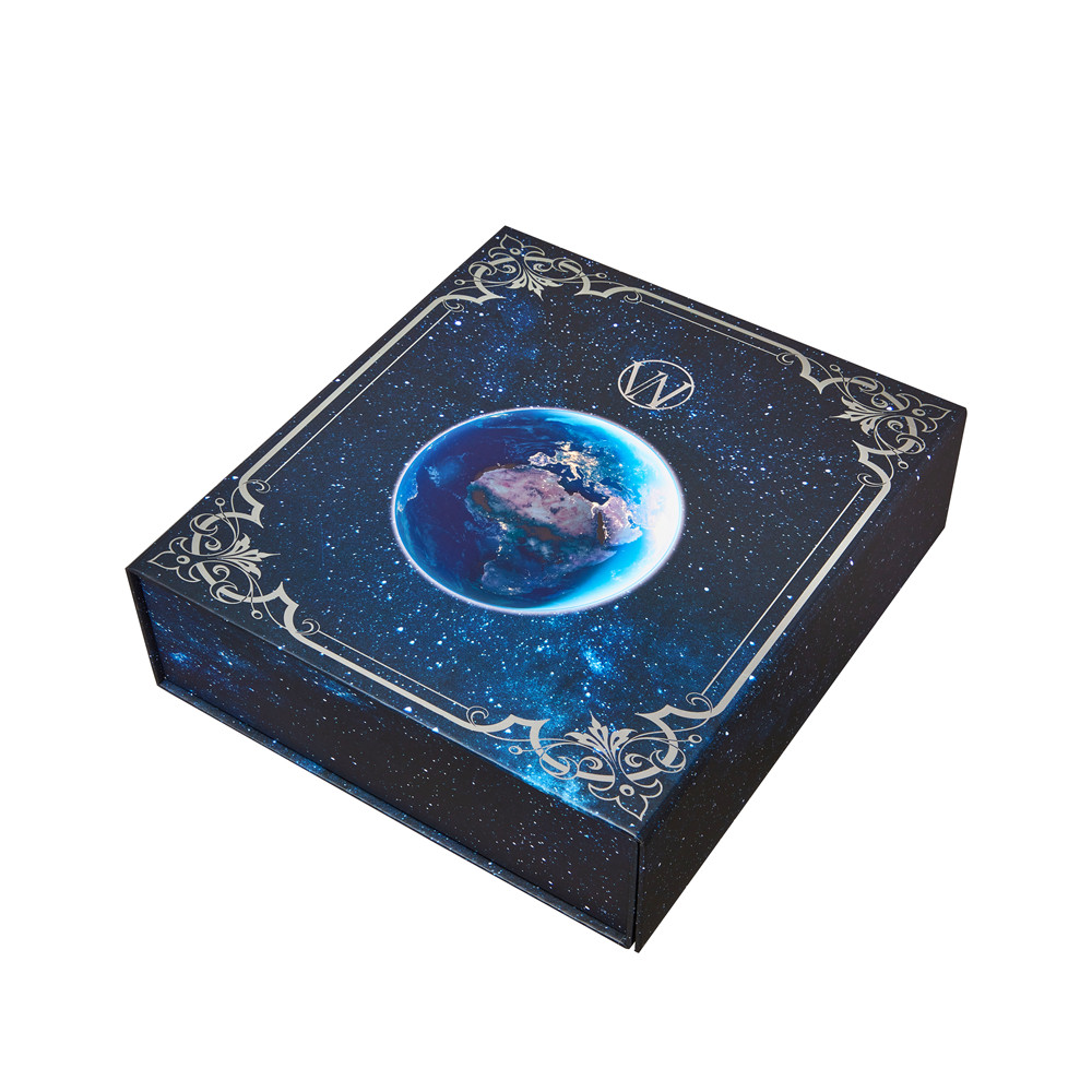 Closed luxury Christmas advent calendar packaging with Earth-themed printed artwork