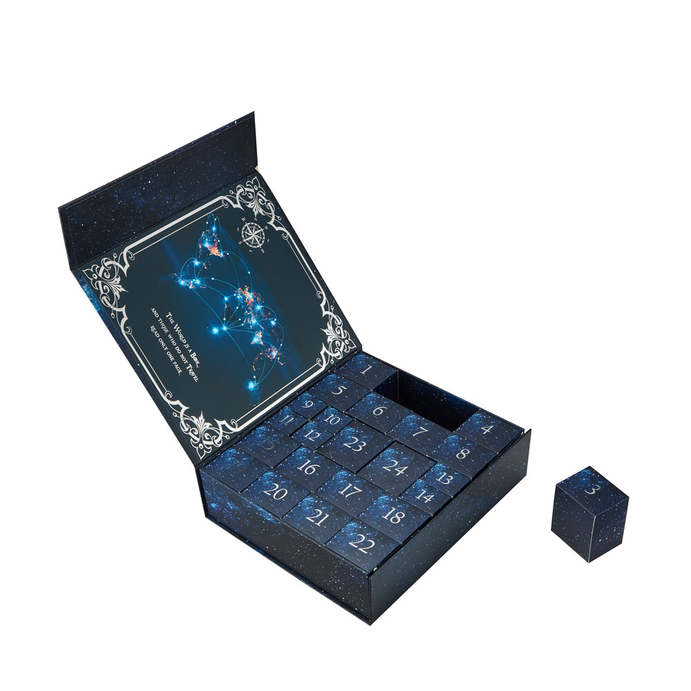 Open 24-day advent calendar box with individual numbered paperboard gift boxes