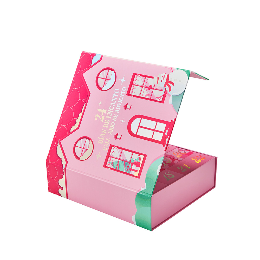 Open folding rigid Christmas house advent calendar box with pink holiday artwork