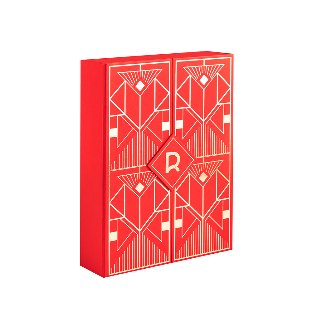 Custom red 12-day double-door advent calendar box with gold foil geometric design and magnetic closure