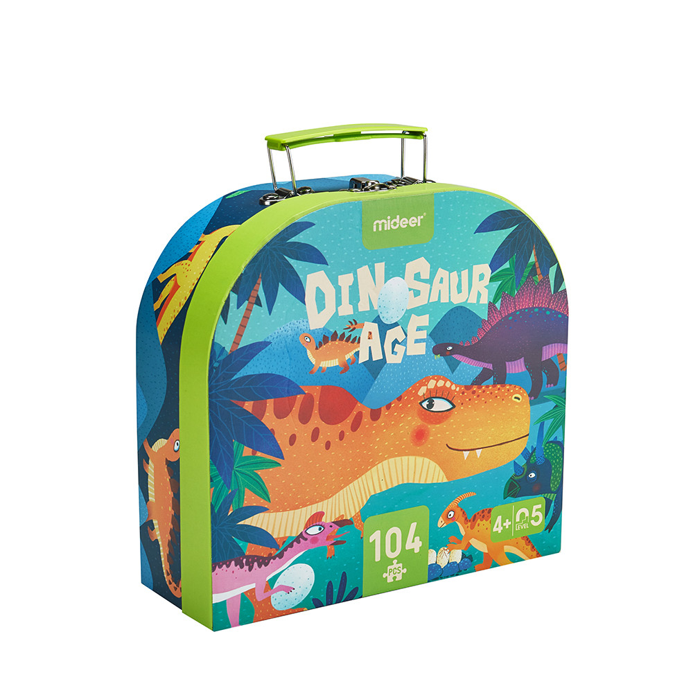 Custom educational puzzle packaging with printed suitcase box and loose interlocking puzzle pieces