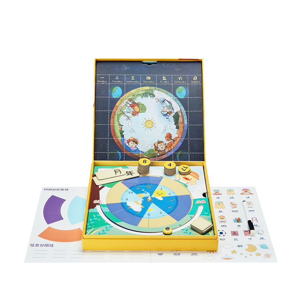 Open custom hinged-lid rigid educational game box with printed game board, counters, cards and learning accessories.