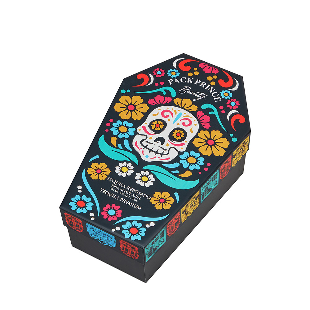 Custom shaped rigid liquor gift box with colorful skull and floral artwork on black packaging